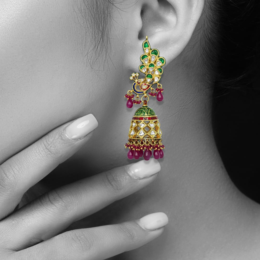 Peacock Motif Jhumkas with Green-Red Enamel and Ruby Drops